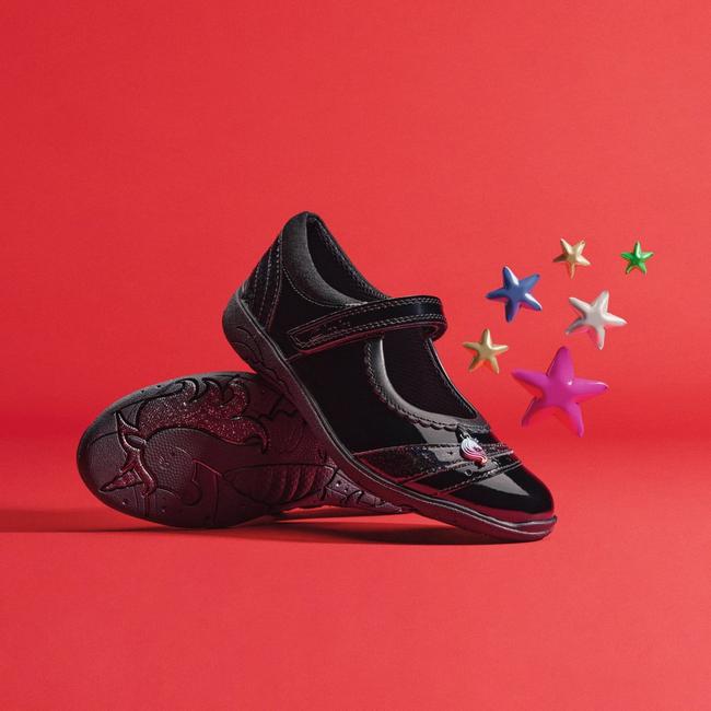 Clarks girls' Relda Spark black patent school shoes.